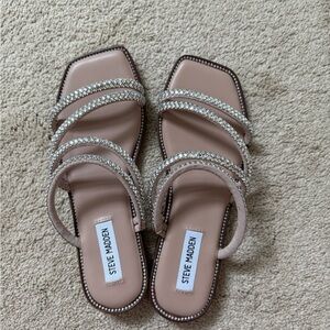 Steve Madden Cream Slide Sandals with Rhinestone Straps